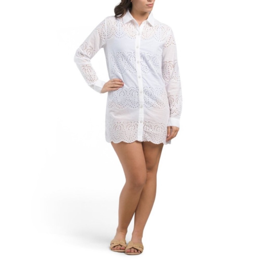 Blue Island White Button-Down Eyelet Cover-Up